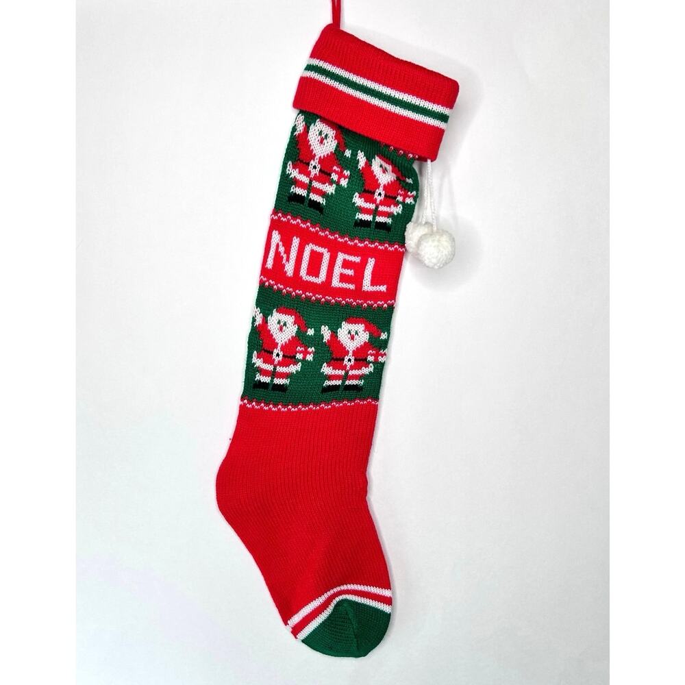 Vintage Knit Long Christmas Stocking 23" NOEL White Pom Poms